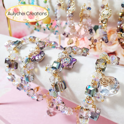 Multi-Colored Cube Crystal Beaded Oval Charm Bracelet with Clasp