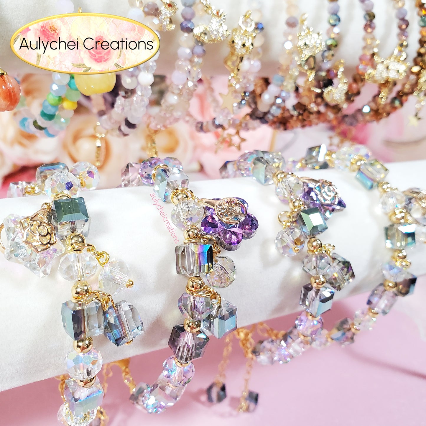 Multi-Colored Cube Crystal Beaded Oval Charm Bracelet with Clasp
