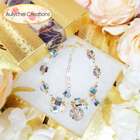 Multi-Colored Cube Crystal Beaded Oval Charm Bracelet with Clasp