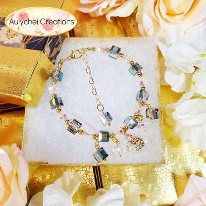 Multi-Colored Cube Crystal Beaded Clear Star Charm Bracelet with Clasp