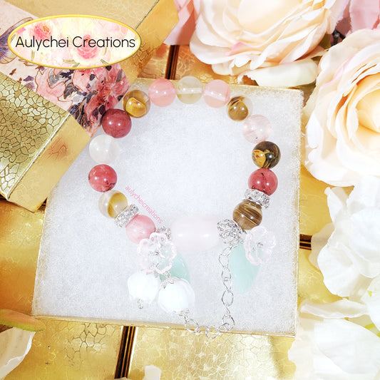 Watermelon Jade Gemstone Bracelet with Rose Quartz Pendant