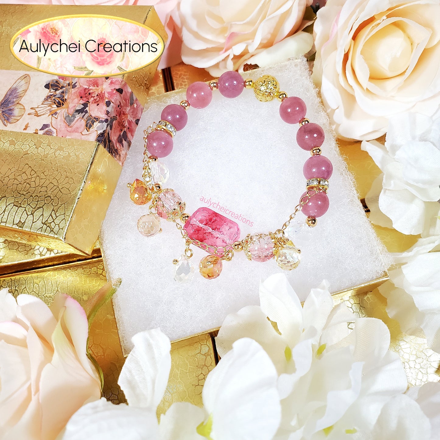 Gemstone Strawberry Quartz Beaded Flower Bracelet with Dangle Chain