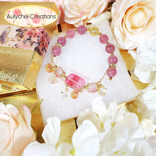 Gemstone Strawberry Quartz Beaded Flower Bracelet with Dangle Chain