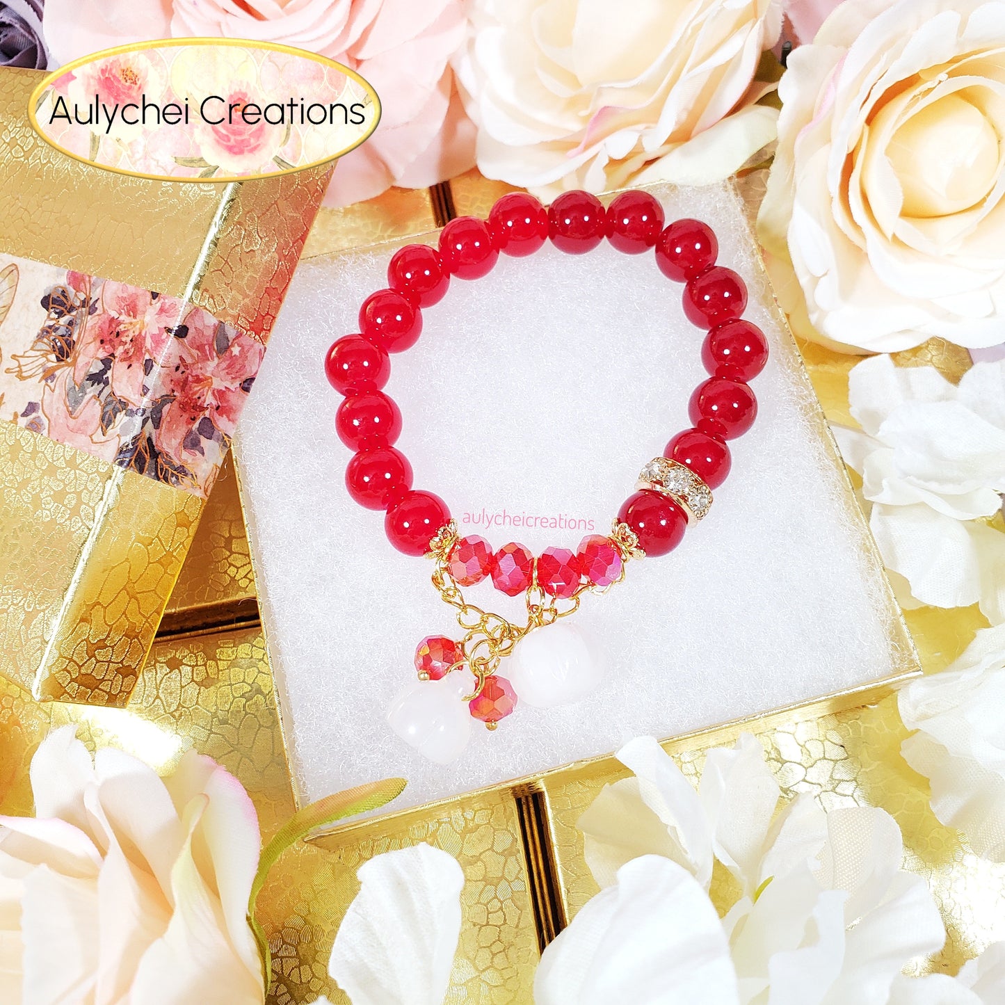 Gemstone Agate Pumpkin Red Glass Bead Bracelet