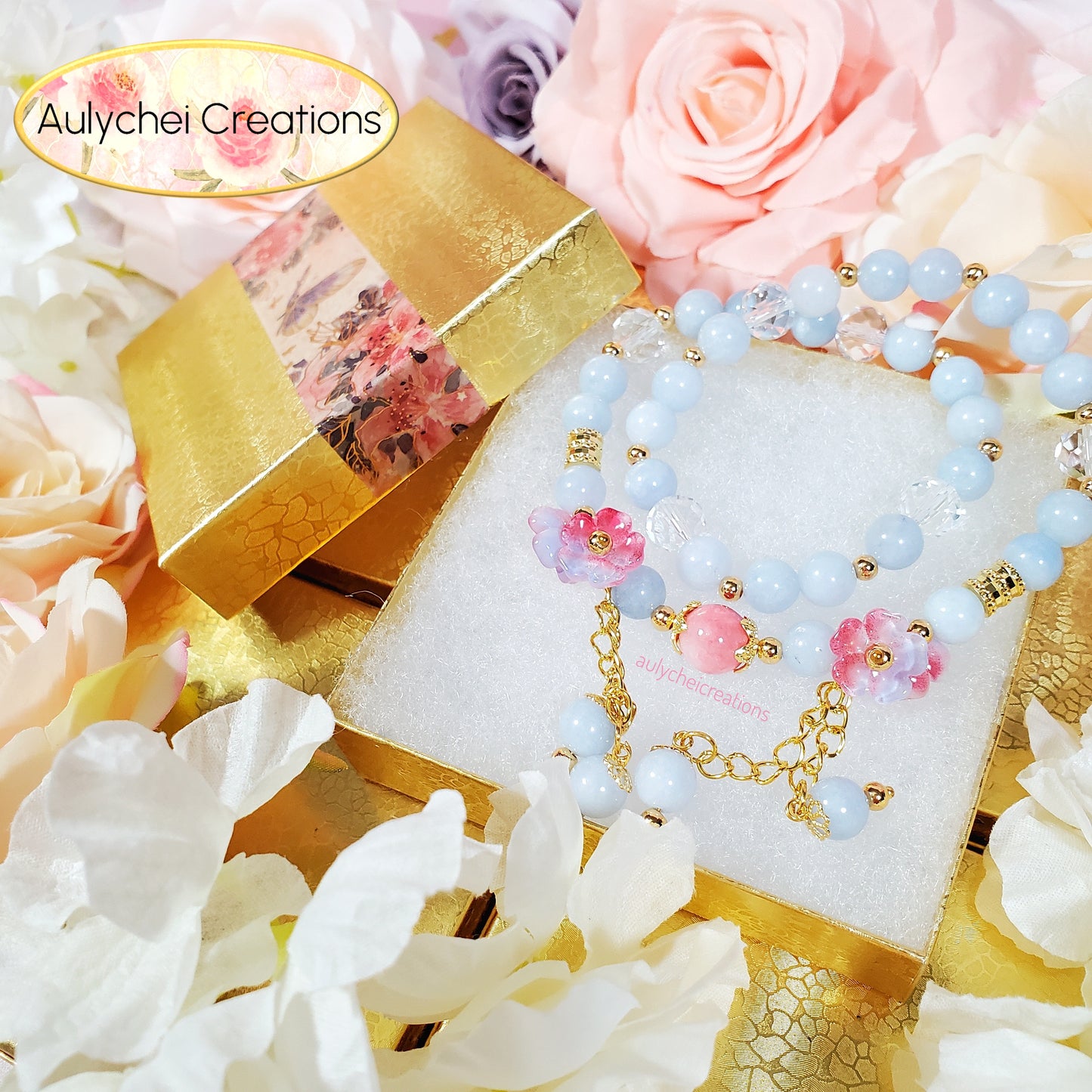 Blue Chalcedony Double Wrap Gemstone Bracelet with Glass Flower Blossom Charm