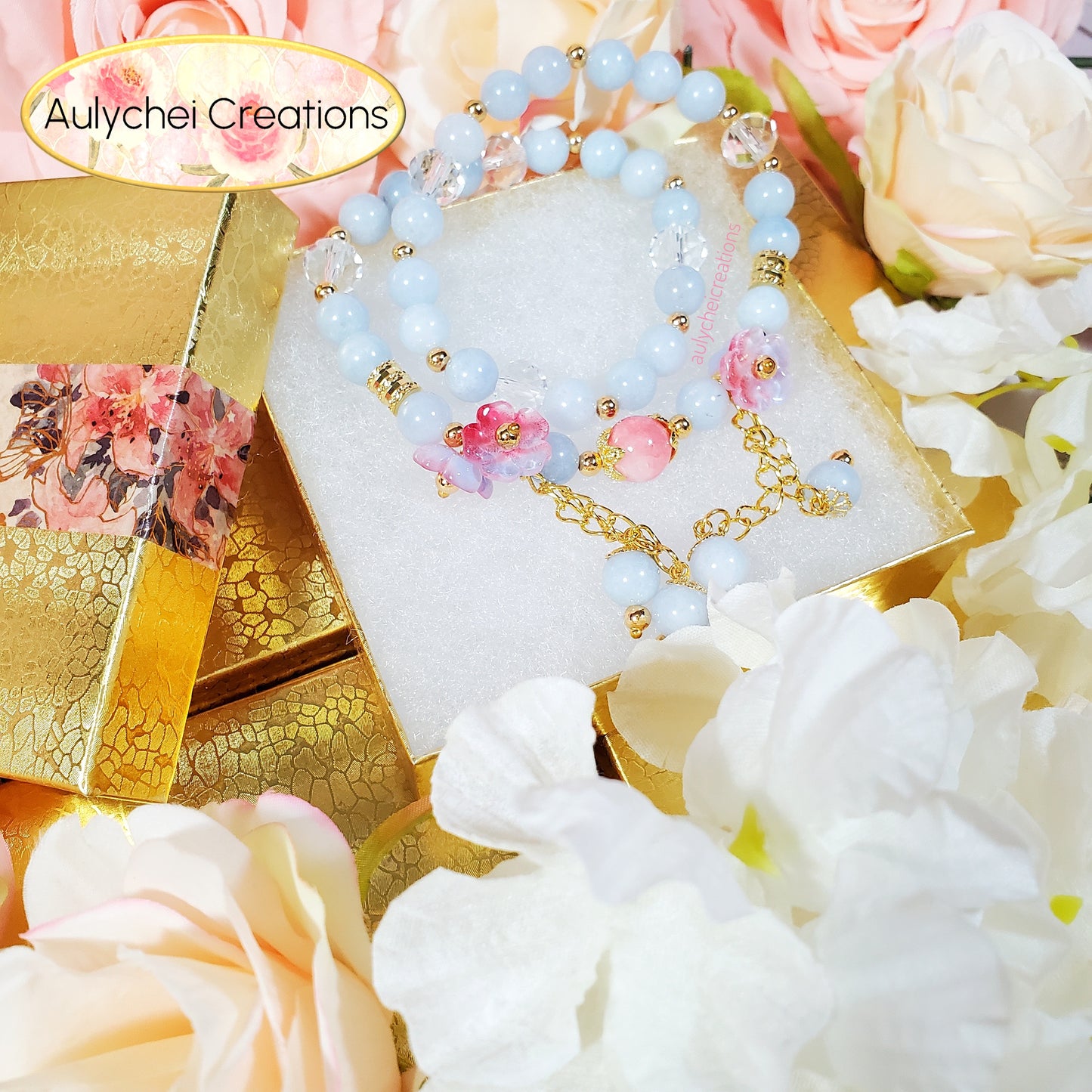 Blue Chalcedony Double Wrap Gemstone Bracelet with Glass Flower Blossom Charm