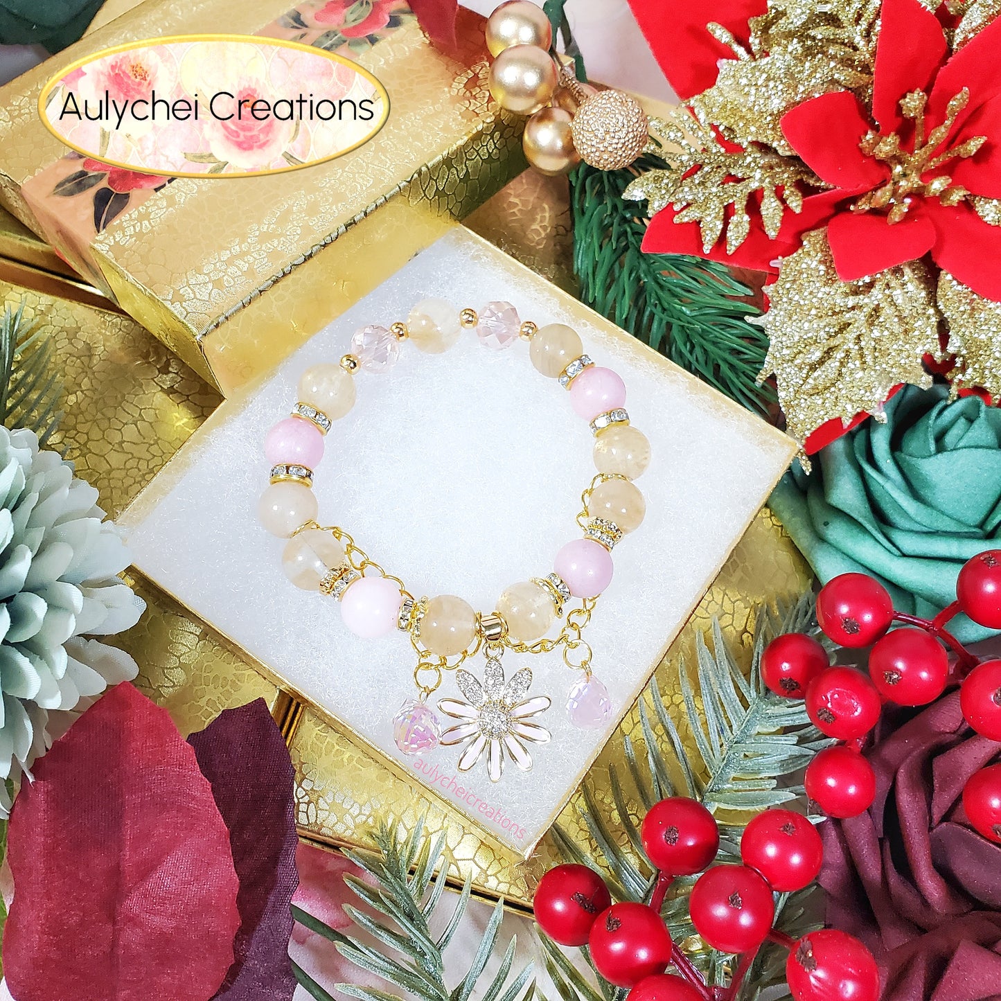 Rutilated Gemstone Bracelet with 18K Daisy Enamel Charm