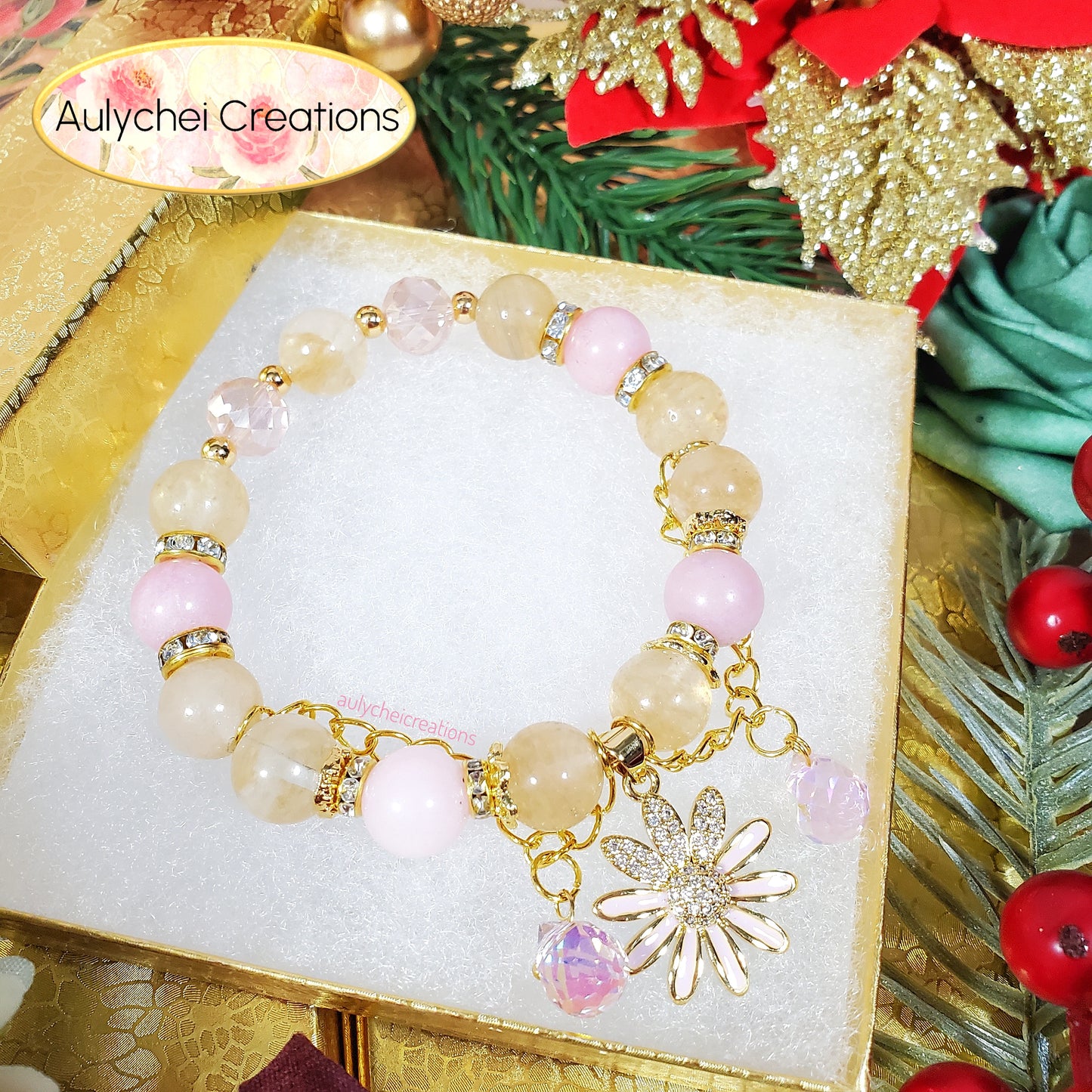 Rutilated Gemstone Bracelet with 18K Daisy Enamel Charm