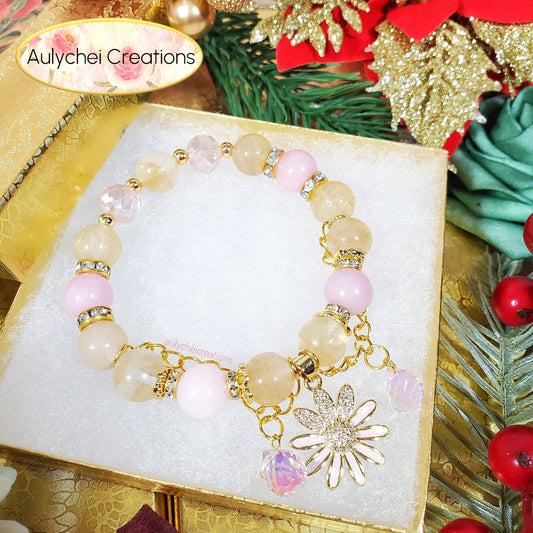 Rutilated Gemstone Bracelet with 18K Daisy Enamel Charm