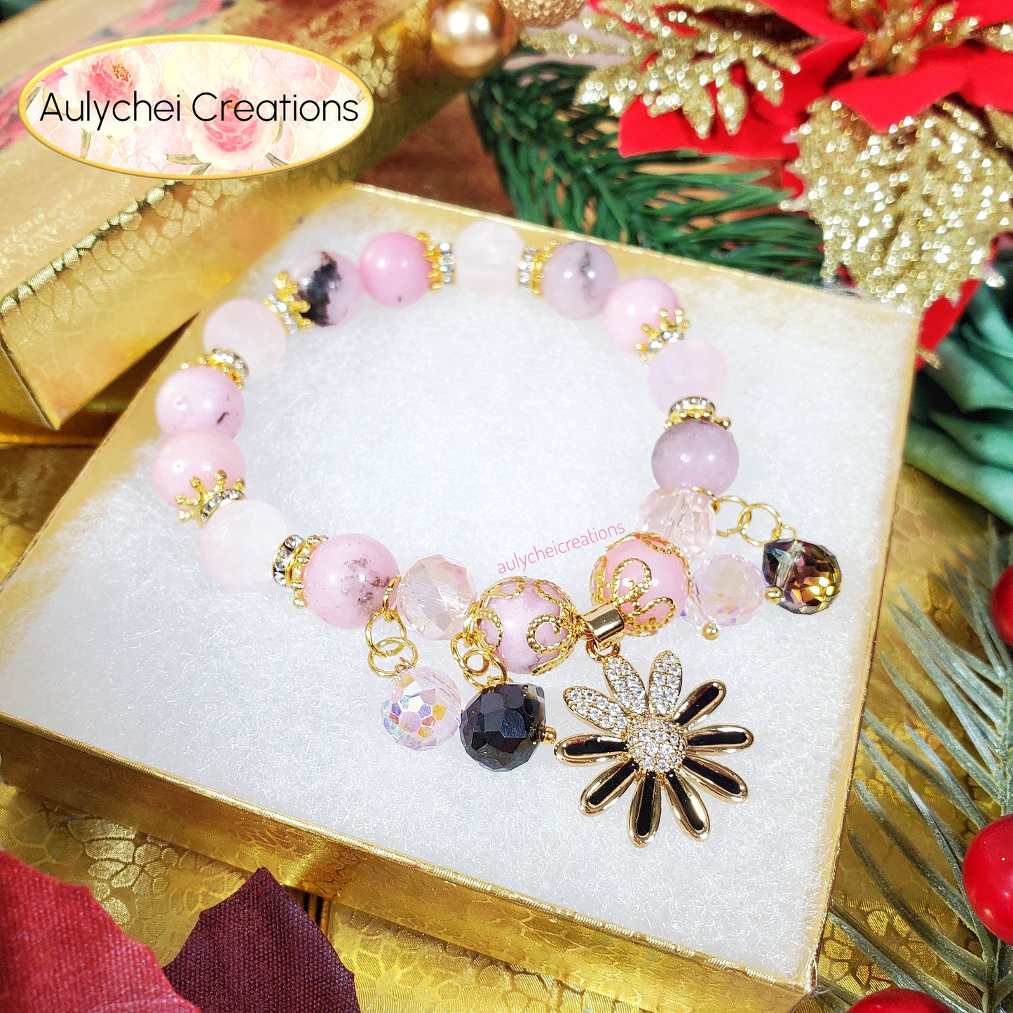 Cherry Blossom Gemstone Bracelet with 18K Daisy Enamel Charm