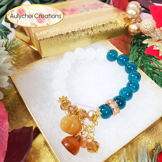 Gemstone Agate Pumpkin Blue Glass Bead Bracelet