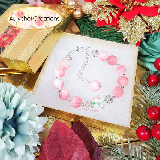 Pink Jade Gemstone Lampwork Blossom Bracelet
