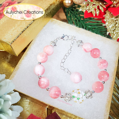 Pink Jade Gemstone Lampwork Blossom Bracelet
