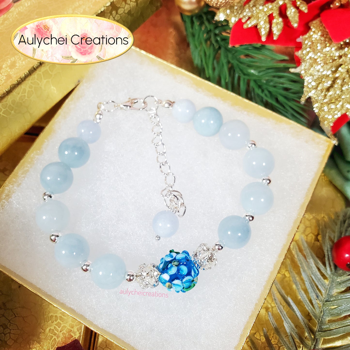 Blue Chalcedony Gemstone Lampwork Blossom Bracelet
