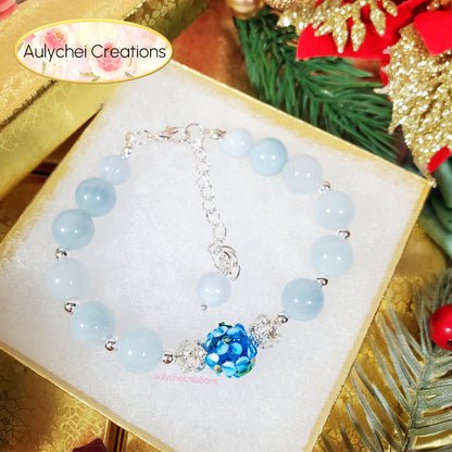 Blue Chalcedony Gemstone Lampwork Blossom Bracelet
