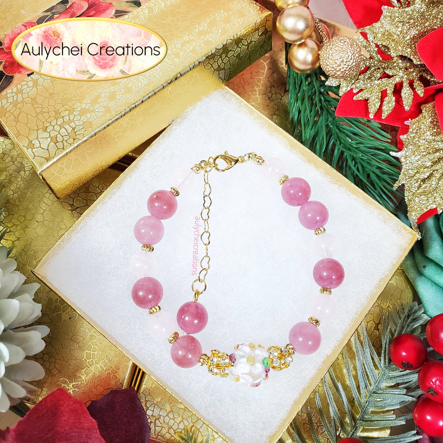 Strawberry Quartz Gemstone Lampwork Blossom Bracelet