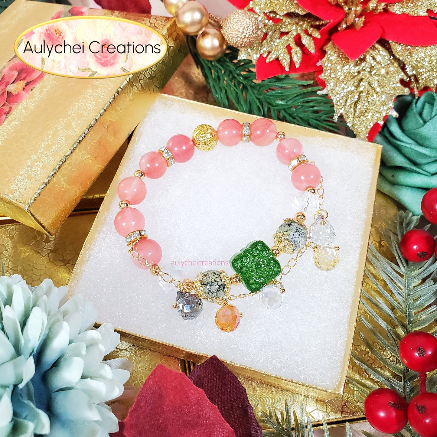 Glass Flower Pendant Cherry Quartz Gemstone Bracelet