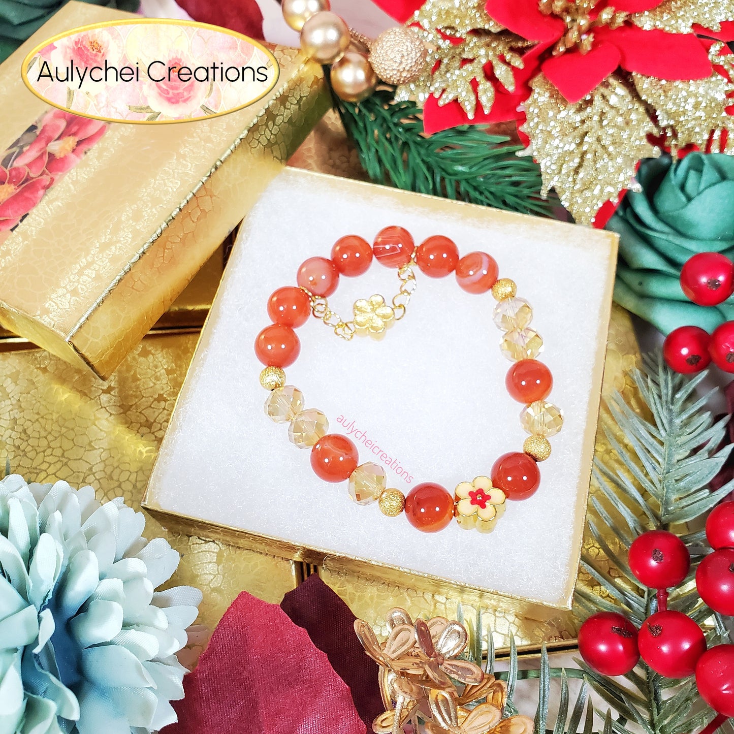 Red Agate Gemstone Bracelet with Sakura Blossom