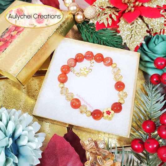 Red Agate Gemstone Bracelet with Sakura Blossom