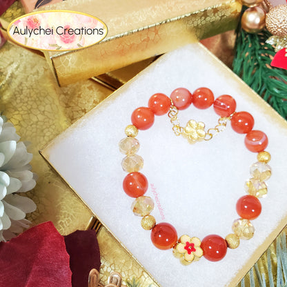 Red Agate Gemstone Bracelet with Sakura Blossom