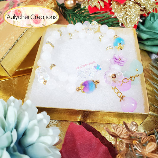 White Jade Double Wrap Gemstone Bracelet with Glass Flower Blossom Charm