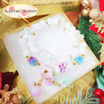 White Jade Double Wrap Gemstone Bracelet with Glass Flower Blossom Charm