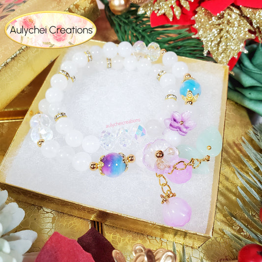 White Jade Double Wrap Gemstone Bracelet with Glass Flower Blossom Charm