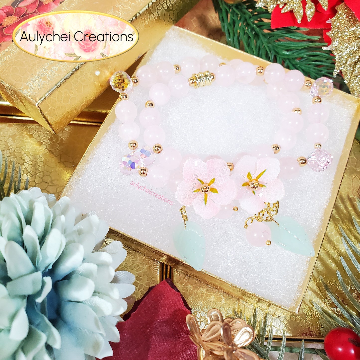 Rose Quartz Double Wrap Gemstone Bracelet with Resin Sakura Blossom Charm