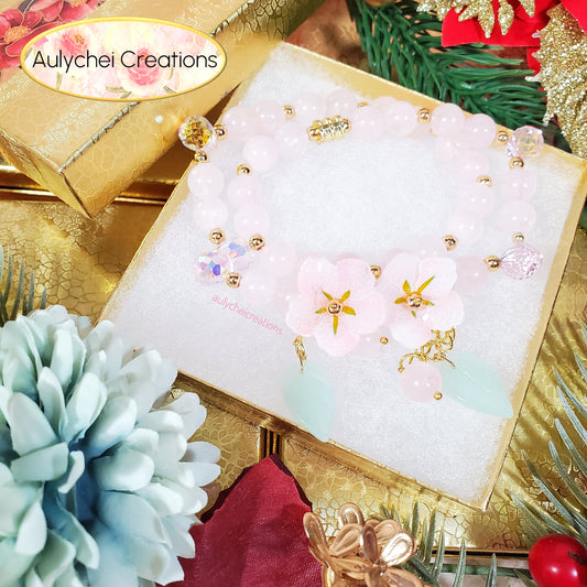 Rose Quartz Double Wrap Gemstone Bracelet with Resin Sakura Blossom Charm