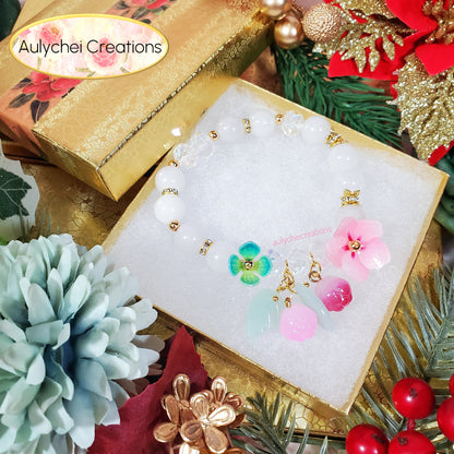 Glass Flower White Jade Gemstone Bracelet