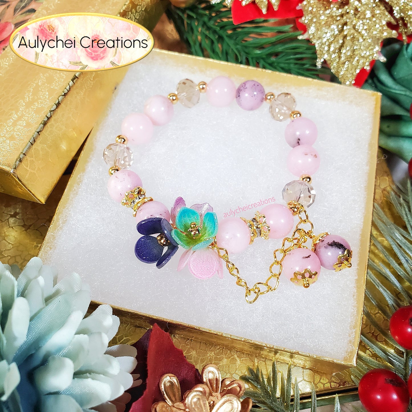 Resin Flower Dyed Pink Blossom Gemstone Bracelet