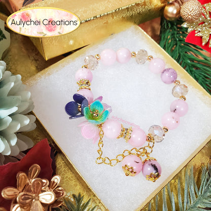 Resin Flower Dyed Pink Blossom Gemstone Bracelet