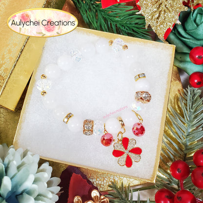 White Jade Gemstone Bracelet with Flower Enamel Charm