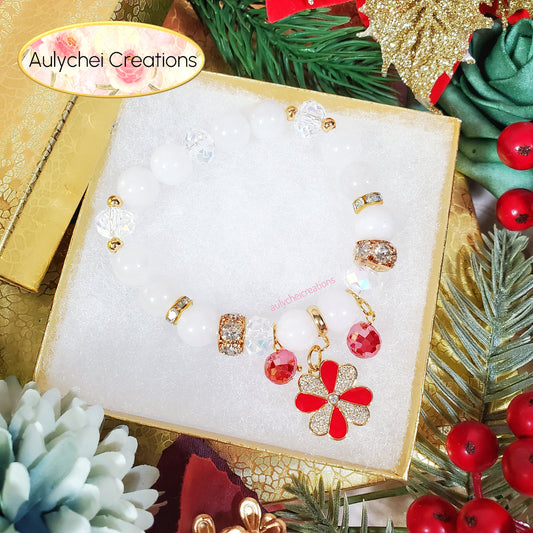 White Jade Gemstone Bracelet with Flower Enamel Charm