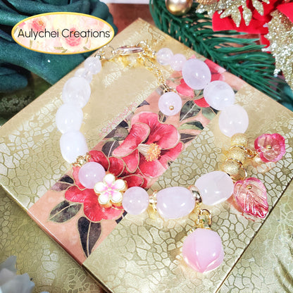 Rose Quartz Bracelet with Pink Glass Peach Charm