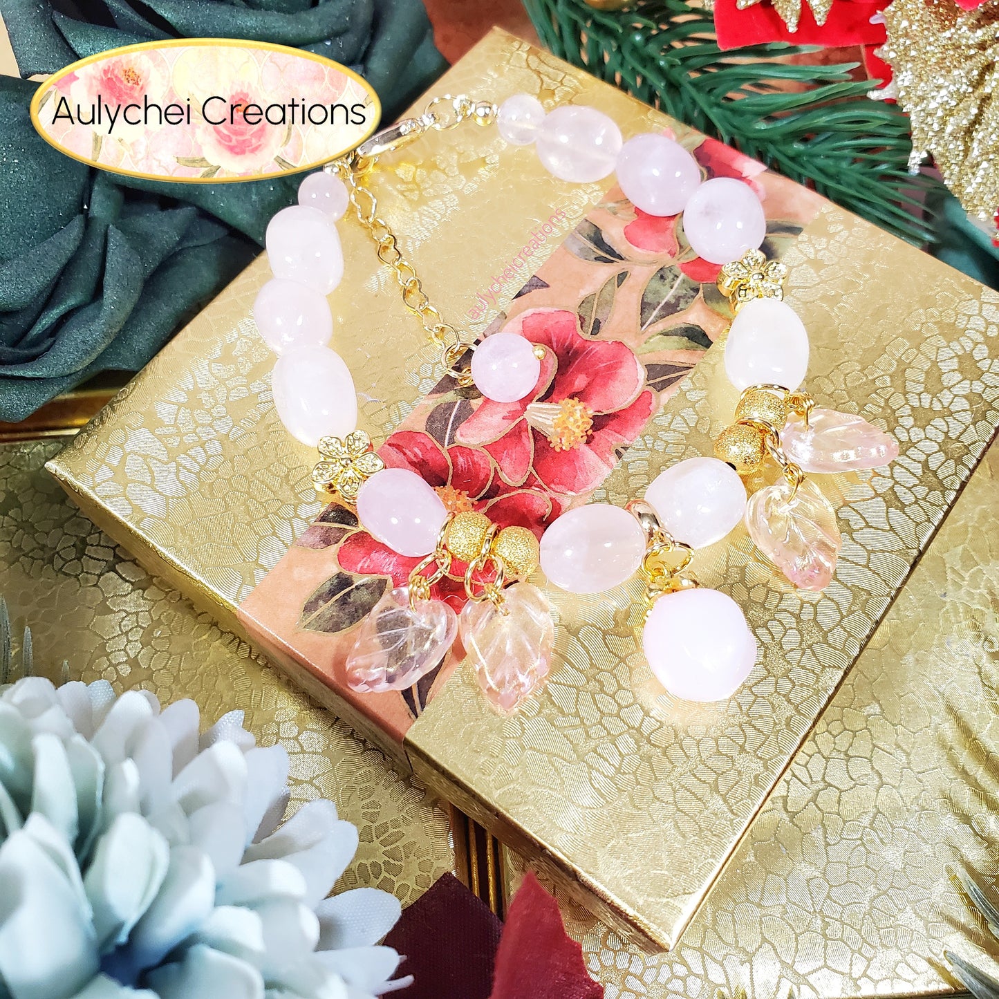 Rose Quartz Gemstone Bracelet with Rose Glass Peach Charm