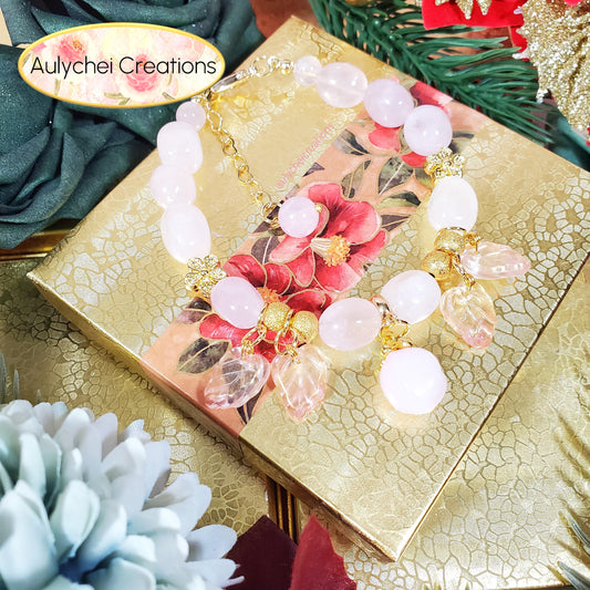 Rose Quartz Gemstone Bracelet with Rose Glass Peach Charm