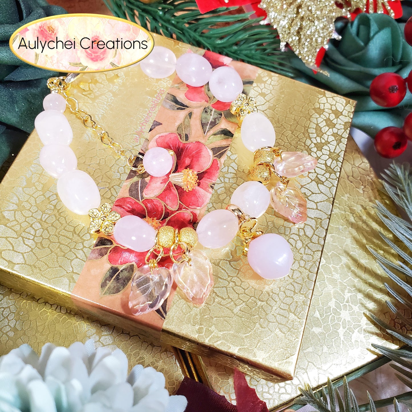 Rose Quartz Gemstone Bracelet with Rose Glass Peach Charm