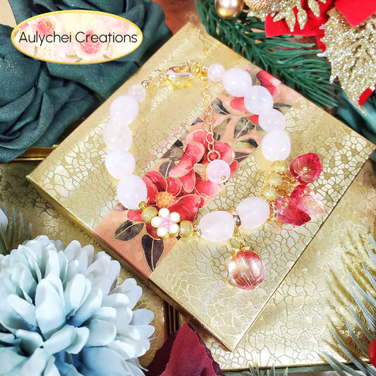 Rose Quartz Gemstone Bracelet with Red Glass Peach Charm