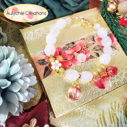 Rose Quartz Gemstone Bracelet with Red Glass Peach Charm