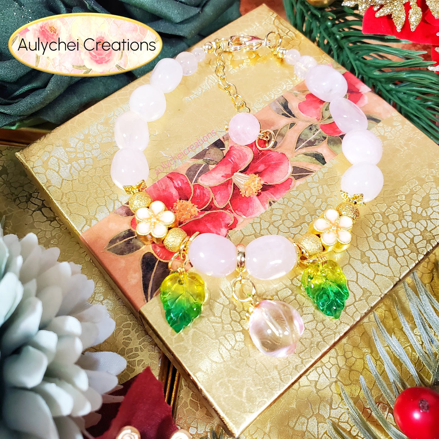 Rose Quartz Gemstone Bracelet with Green Glass Peach Charm