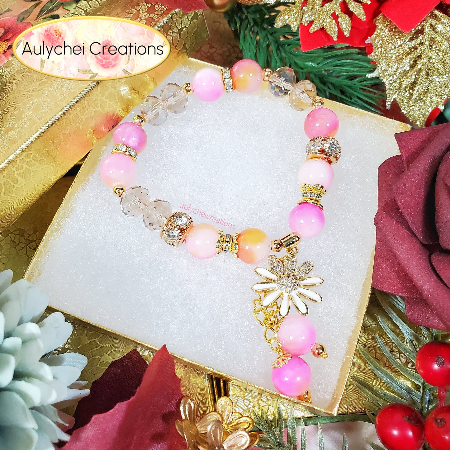 Pink Yellow Jade Gemstone Bracelet with 18K Daisy Enamel Charm