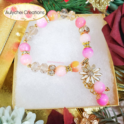 Pink Yellow Jade Gemstone Bracelet with 18K Daisy Enamel Charm