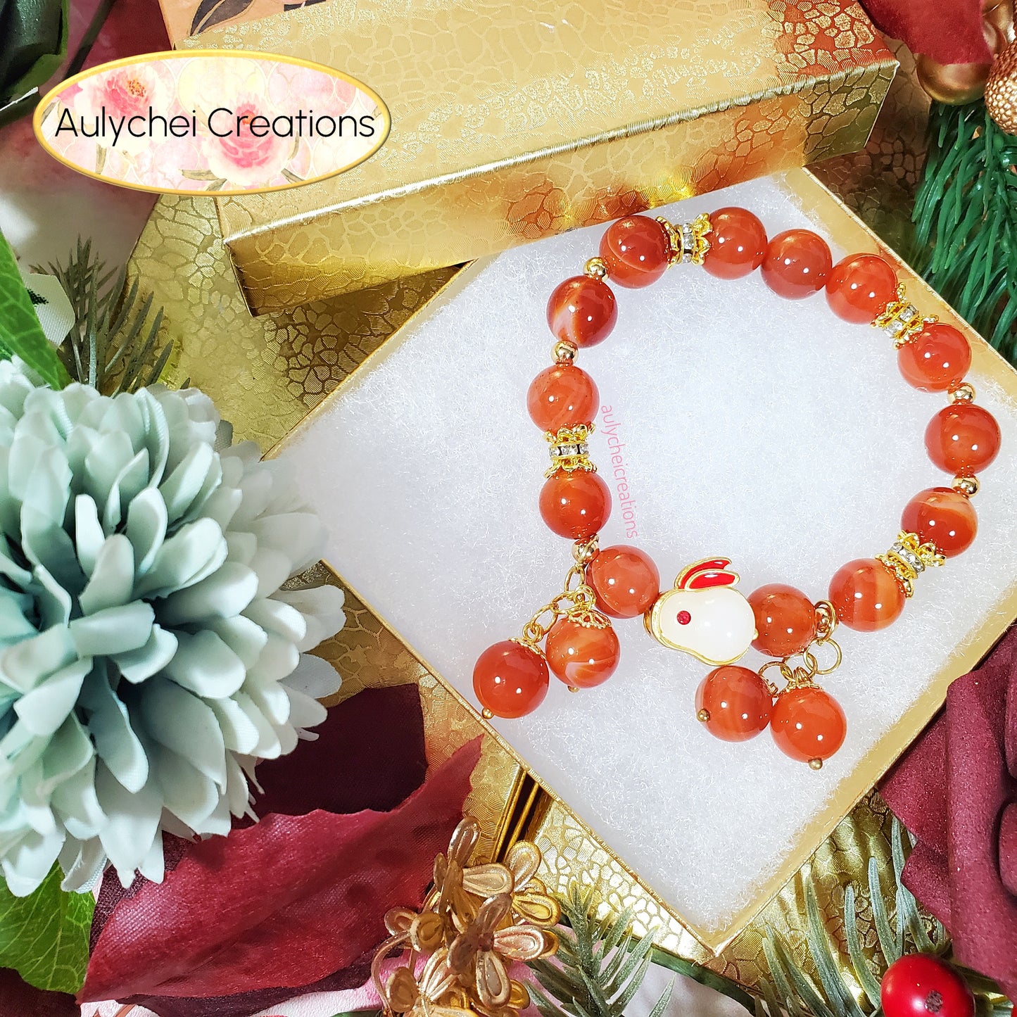 Red Agate Gemstone Bracelet with Jade Rabbit Charm