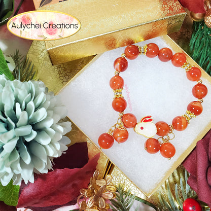 Red Agate Gemstone Bracelet with Jade Rabbit Charm