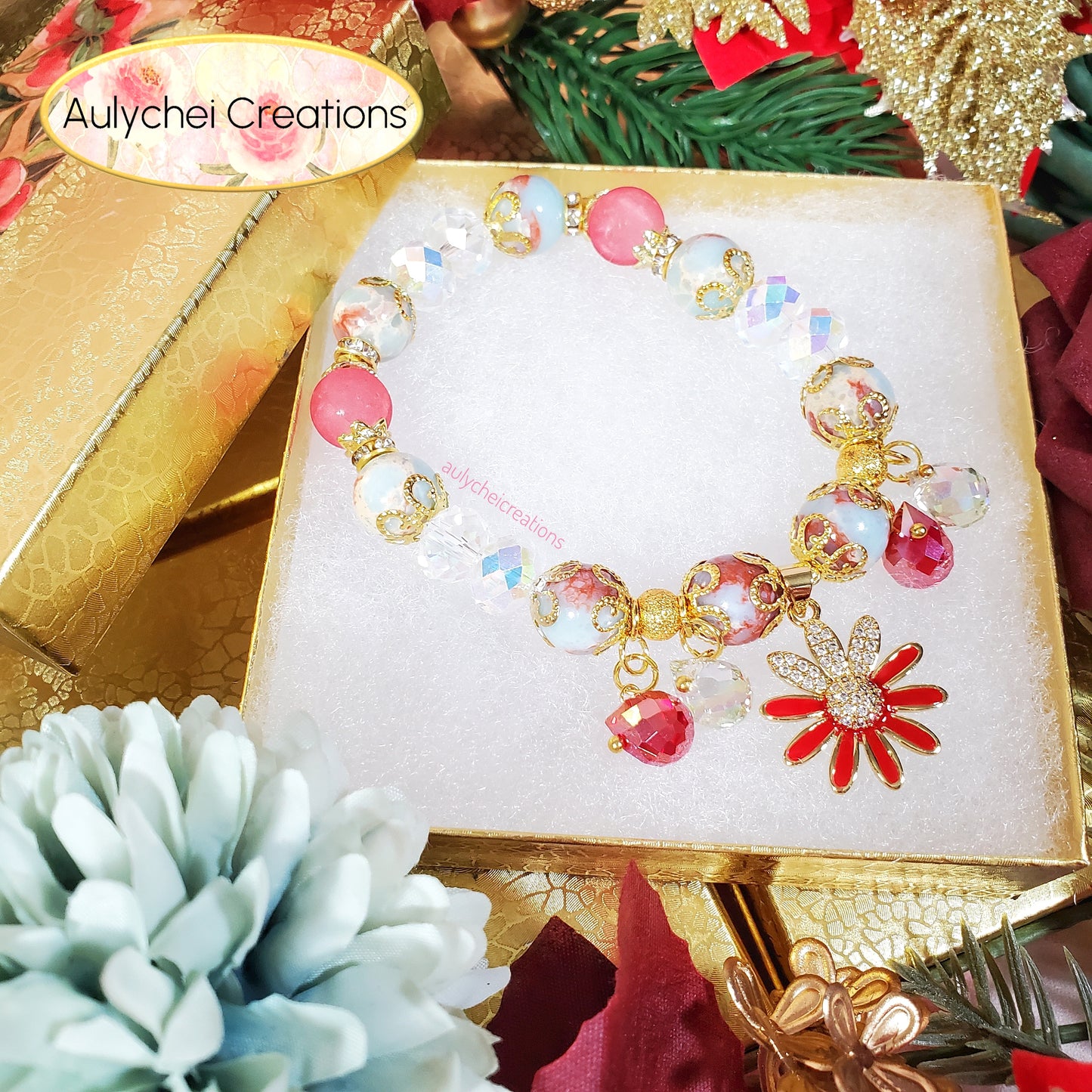 Blue Jasper Gemstone Bracelet with 18K Daisy Enamel Charm