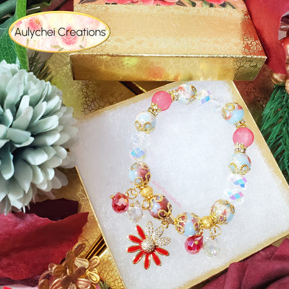 Blue Jasper Gemstone Bracelet with 18K Daisy Enamel Charm