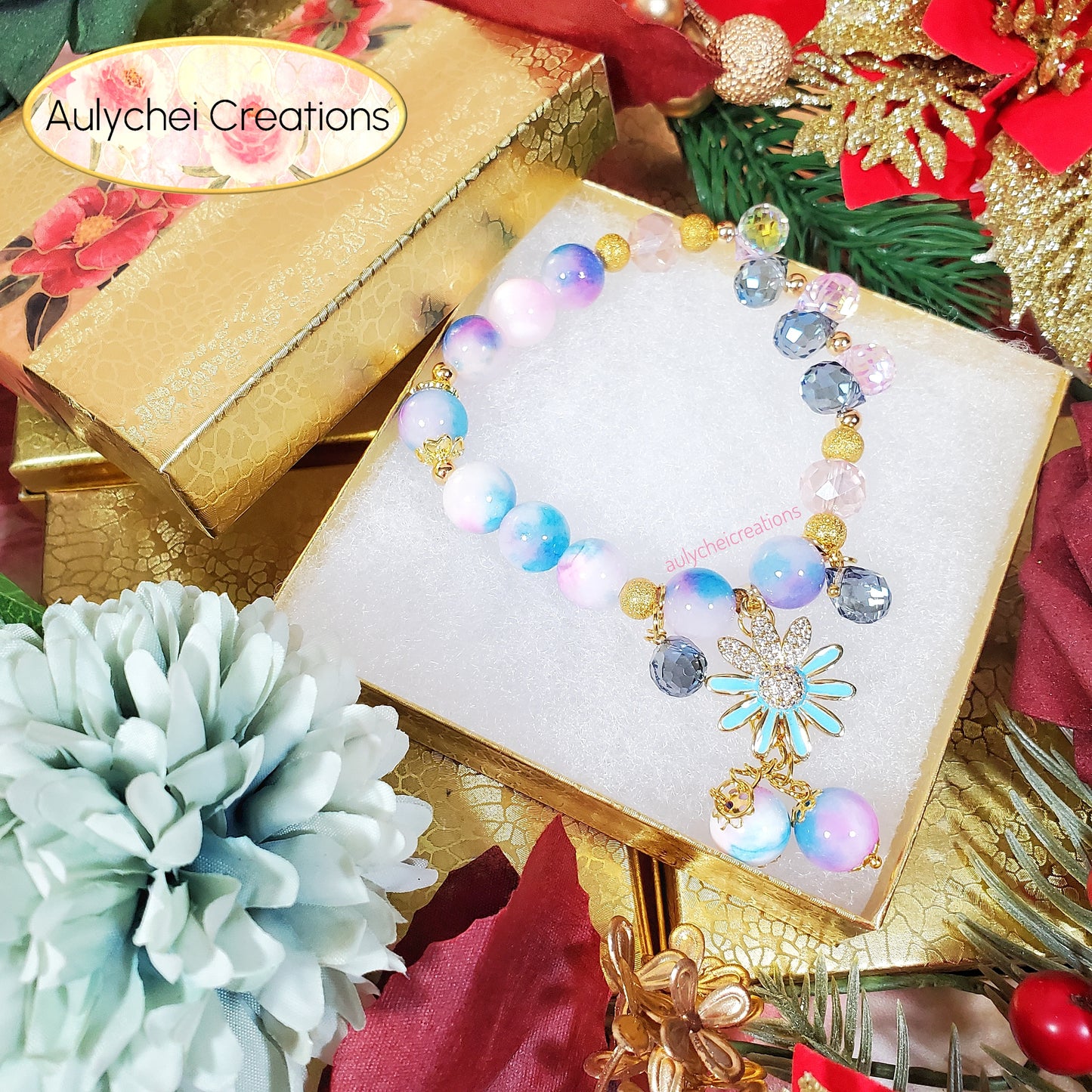 Blue Purple Jade Gemstone Bracelet with 18K Daisy Enamel Charm