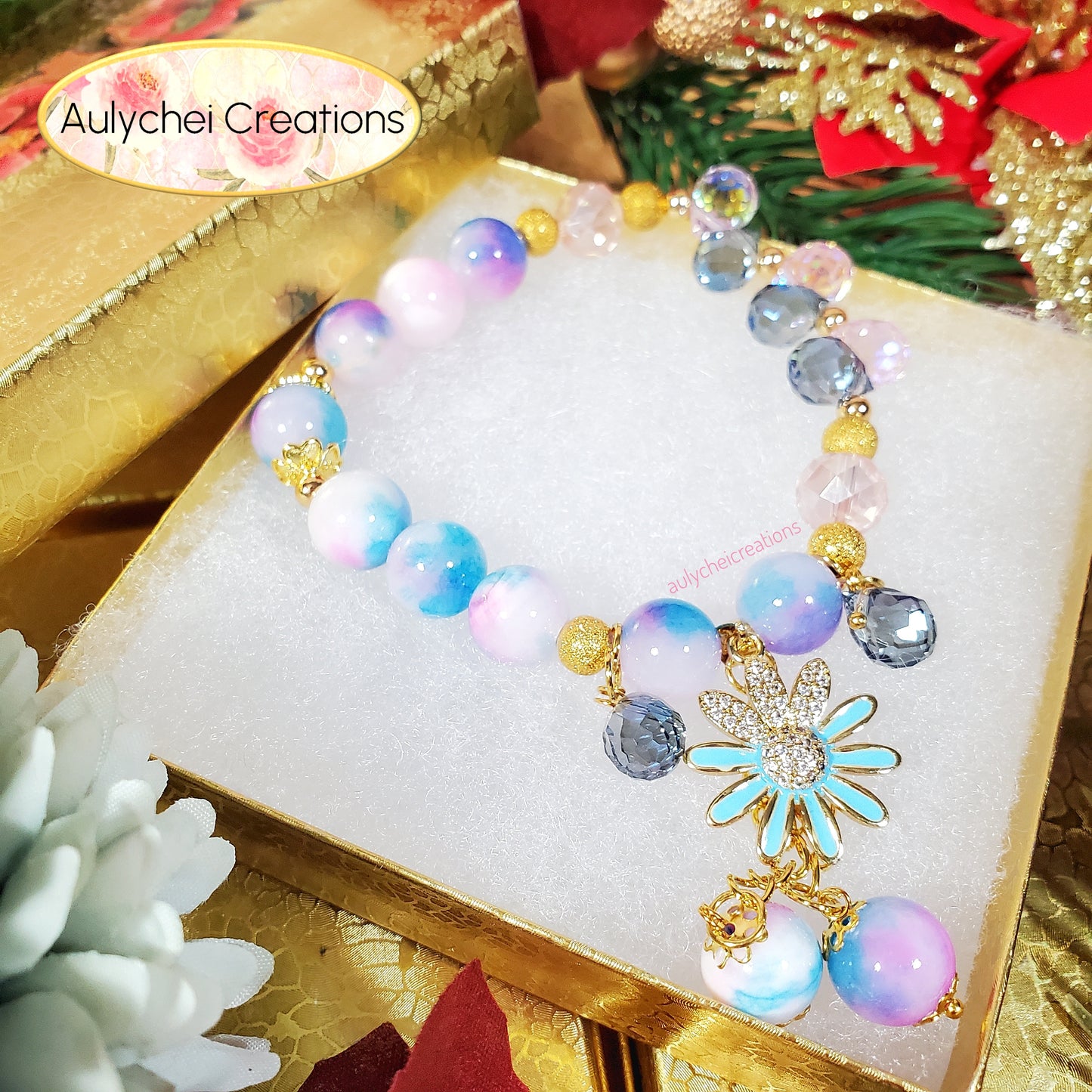 Blue Purple Jade Gemstone Bracelet with 18K Daisy Enamel Charm