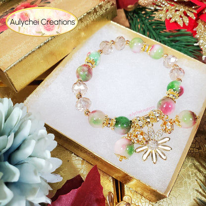 Watermelon Jade Gemstone Bracelet with Daisy Enamel Charm
